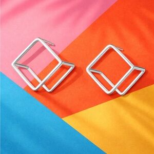 Silver Geometric Square 3D Earrings
